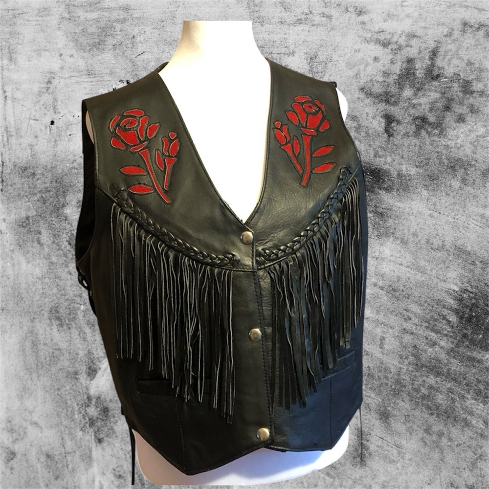 Black Leather Vest with Red Floral Embroidery BY: UNIK
